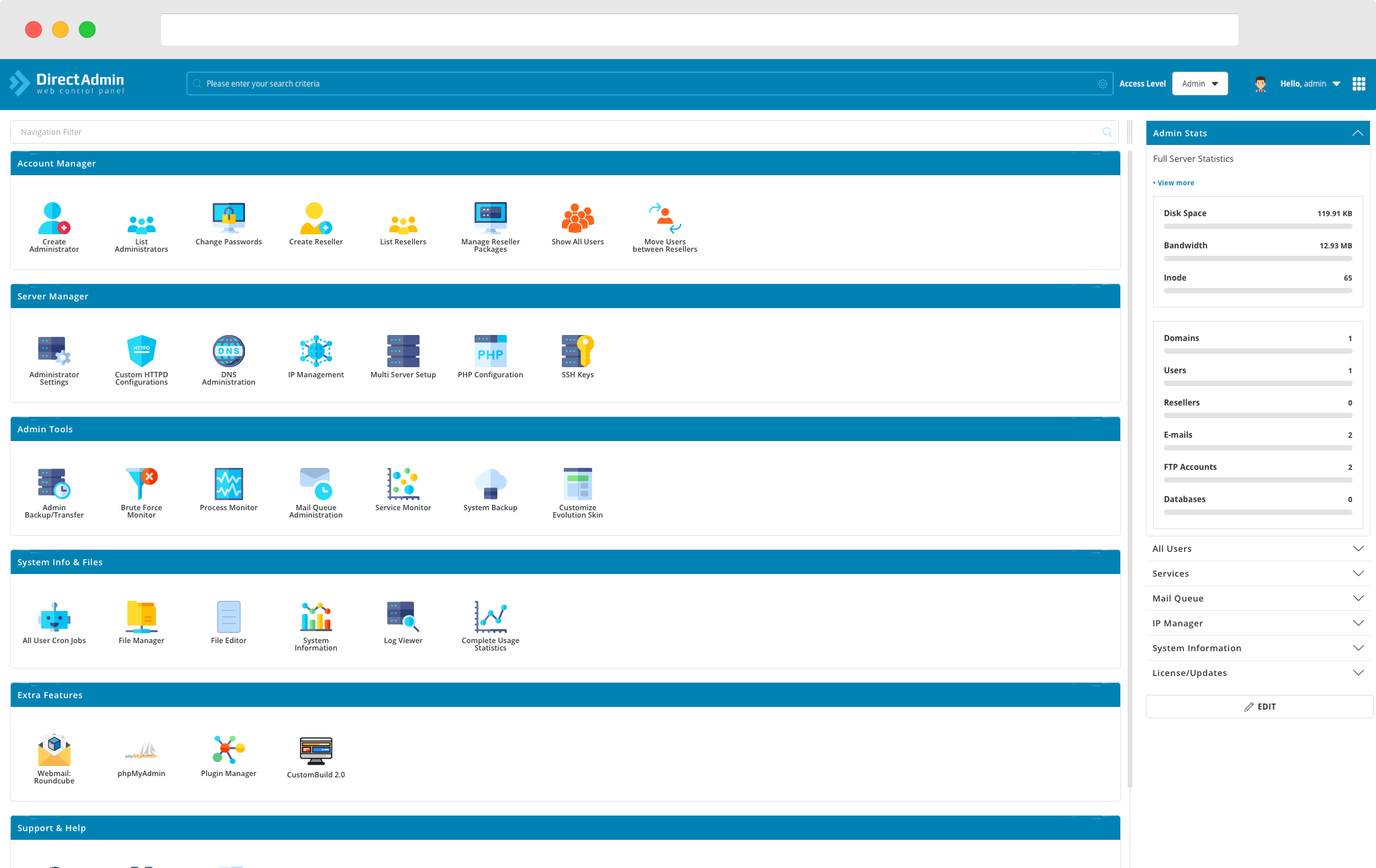 DirectAdmin control panel dashboard